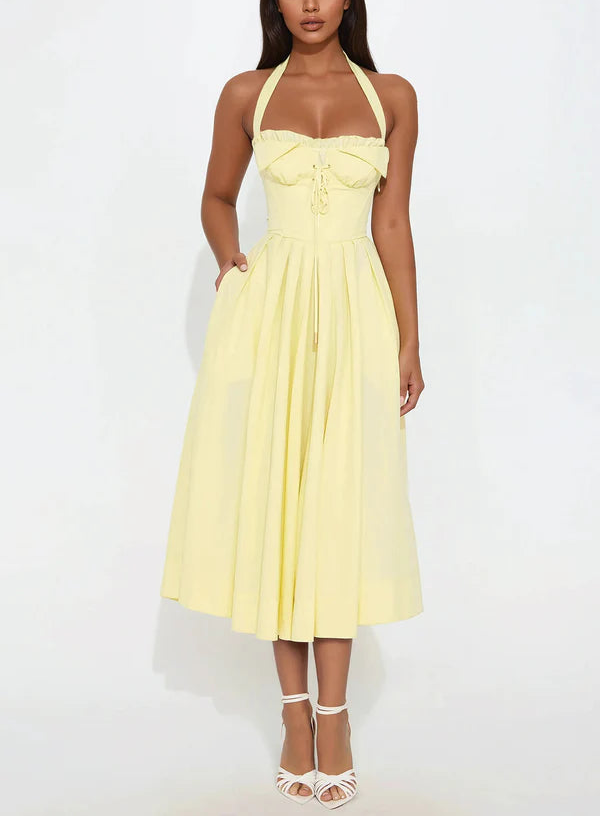 Floral Corset Midi Kleid in Butter Gelb