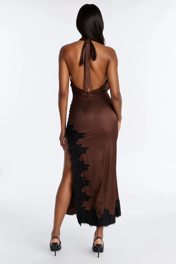 Satin Maxi Kleid in Schokoladenbraun